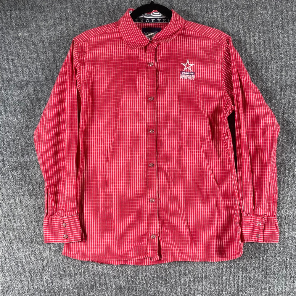 Wrangler Shirt Womens Small Red National Patriot Western Long Sleeve Pearl Snap